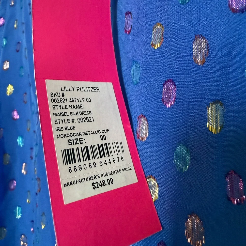 Lilly Pulitzer Maisel Silk Dress in Iris Blue Moroccan Metallic Clip - Picture 3 of 4